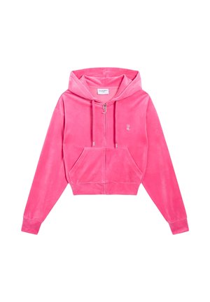 Felroze velours hoodie met ritssluiting, voorzakken, trekkoordkap en een klein geborduurd logo op de linkerborst.