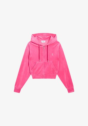 Felroze velours hoodie met ritssluiting, voorzakken, trekkoordkap en een klein geborduurd logo op de linkerborst.