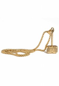 Gold-tone necklace featuring a hammer-shaped pendant with detailed engravings. The chain is made of linked metal.