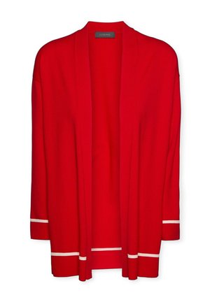 Roter, offen geschnittener Cardigan mit langen Ärmeln, der dünne weiße Streifen an Bündchen und Saum zeigt, mit dem Etikett Elena Mirò.