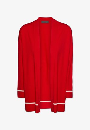 Cardigan rouge à ouverture frontale, manches longues, avec de fines rayures blanches près des poignets et de l'ourlet, étiqueté Elena Mirò.