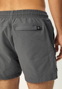 Grijze korte broek gemaakt van lichtgewicht stof met een elastische tailleband, voorzien van een achterzak en een klein zwart merklogo patch.