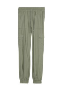 Pantalon cargo vert olive avec taille élastique, cordon de serrage et poignets resserrés. Comprend deux poches à l'avant et deux poches latérales. Tissu léger.