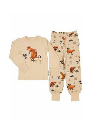 Beigen väriset lasten pyjamaset, joissa on pitkät hihat ja housut, ja niissä on leikkisät piirrokset tanssivasta lehmistä, linnuista ja apilakuvioista.