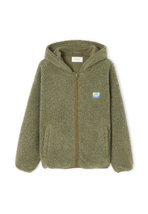 Fleece-Reißverschlussjacke in Olivgrün. Mit Kapuze, zwei Fronttaschen und einem Label-Patch. Weicher, strukturierter Stoff mit lockerer Passform.