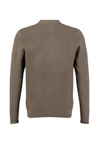 Gestrickter Pullover in einem sanften Braunton. Verfügt über einen runden Halsausschnitt, lange Ärmel und einen strukturierten Stoff mit gerippten Bündchen und Saum.