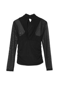 Haut noir à manches longues avec manches en maille transparente, encolure goutte d'eau avec bouton pression et taille froncée ajustée sur fond blanc.