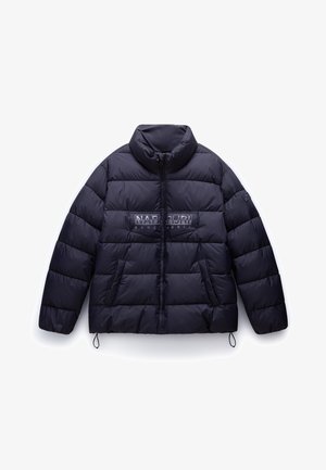 Marineblau gepolsterte Jacke mit hohem Kragen, Frontreißverschluss, zwei schrägen Taschen und einem "Napapijri geographic"-Logo auf der Brust.