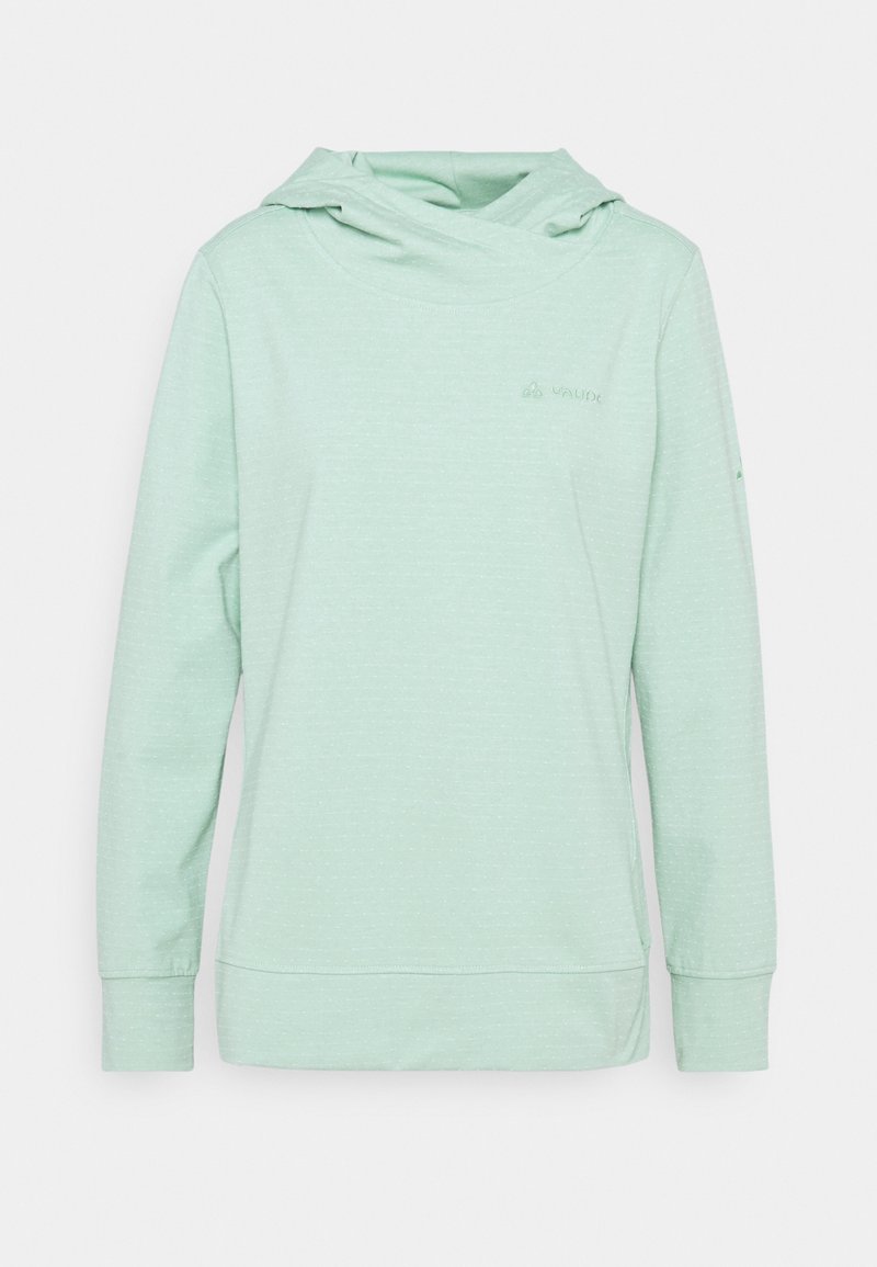 Hoodie à manches longues vert clair avec un motif à points subtils et un petit logo sur le haut gauche de la poitrine, fond uni.