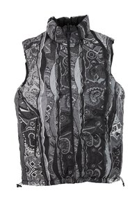 Gilet rembourré noir et gris avec un col haut, fermeture zippée sur toute la longueur, texture à motif complexe et cordon de serrage à l'ourlet.