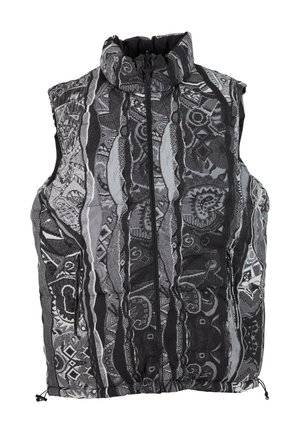 Padded black and gray vest with high neck, full front zipper, intricate patterned texture, and drawstring at the hem.