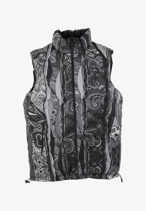 Padded black and gray vest with high neck, full front zipper, intricate patterned texture, and drawstring at the hem.
