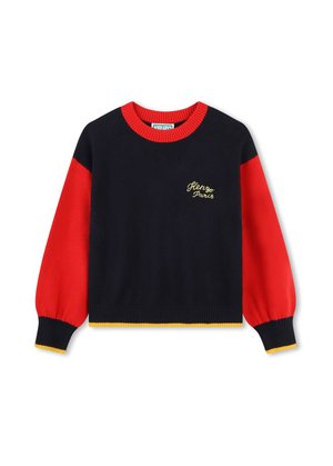 Navy sweater met rode mouwen en gele accenten. Heeft een ronde hals en geborduurd "Kenzo Paris" logo op de borst. Zacht gebreid materiaal.