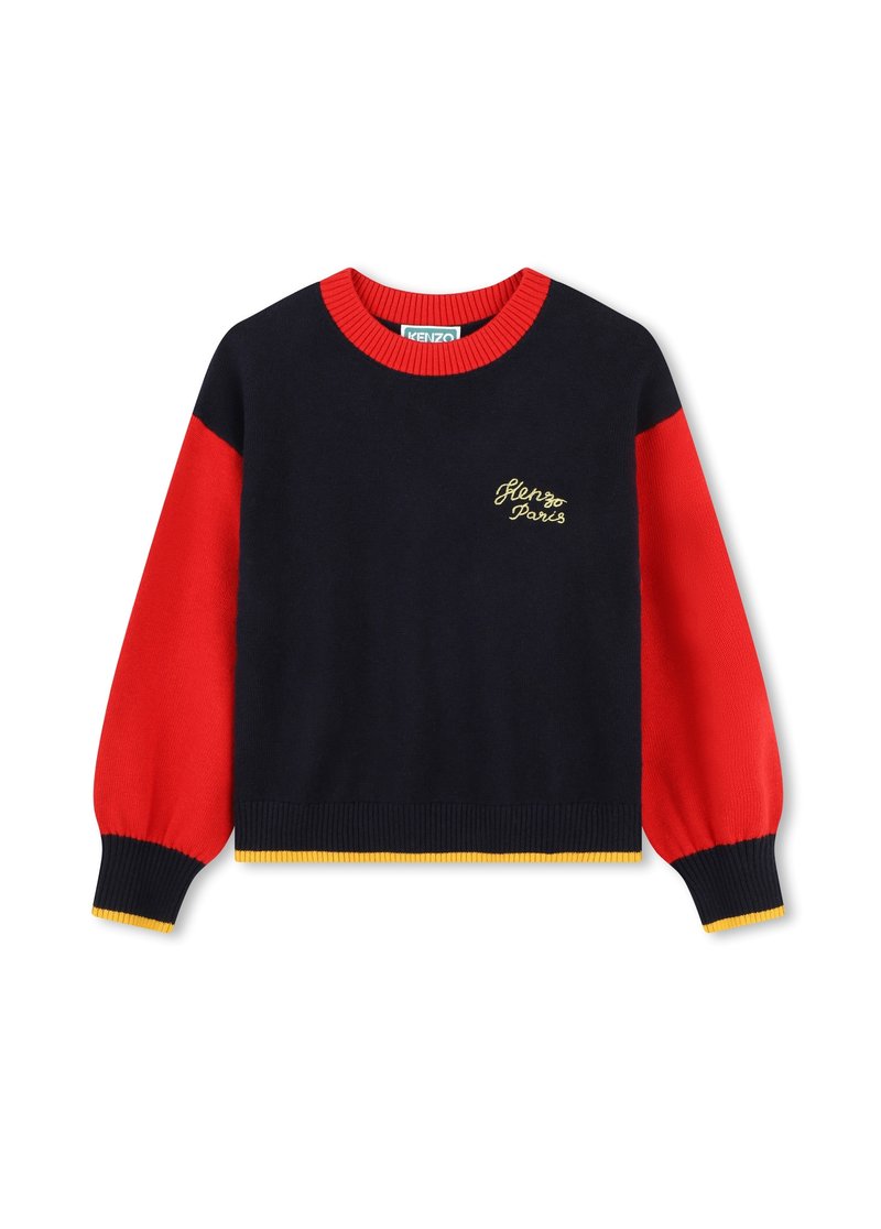 Pull bleu marine avec des manches rouges et des accents jaunes. Avec un col rond et un logo brodé "Kenzo Paris" sur la poitrine. En maille douce.