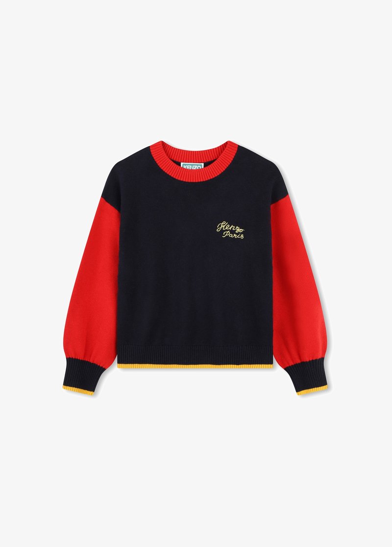 Pull bleu marine avec des manches rouges et des accents jaunes. Avec un col rond et un logo brodé "Kenzo Paris" sur la poitrine. En maille douce.