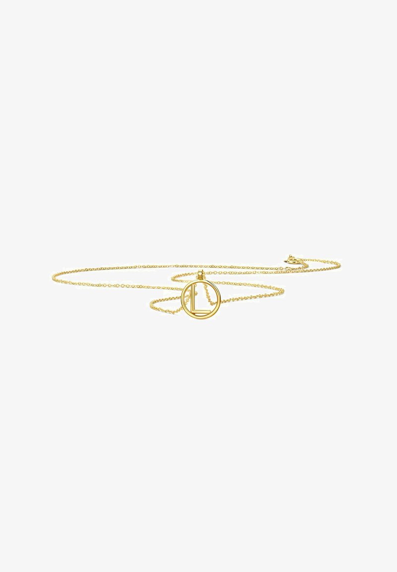 Collar de eslabones de oro que presenta un colgante circular con una letra "L" estilizada en su interior. Cadena delicada y delgada con longitud ajustable.