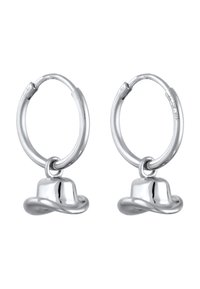 Sølv hoop øreringe med små, polerede hatformede charms. Glat overflade med en skinnende finish, sikkert fastgjort til hoops.