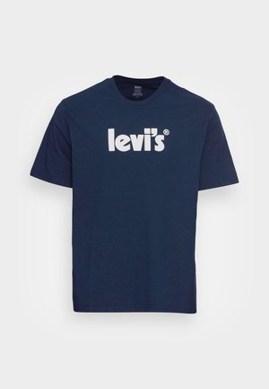 Granatowa bawełniana koszulka z krótkim rękawem, okrągłym dekoltem i białym logo "levi's" z przodu. Gładka tekstura, regularny krój.