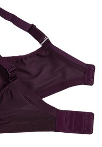 BH aus dunkelviolettem Stoff mit verstellbaren Trägern, glatter Textur und einer Haken- und Ösenverschlussleiste mit drei Reihen zur Größenanpassung.