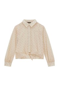 Blusa beige chiaro con apertura frontale a bottoni, colletto, maniche lunghe a sbuffo, vita legata e motivo floreale sottile su tutta la superficie.