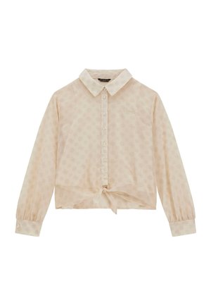 Blusa beige chiaro con apertura frontale a bottoni, colletto, maniche lunghe a sbuffo, vita legata e motivo floreale sottile su tutta la superficie.
