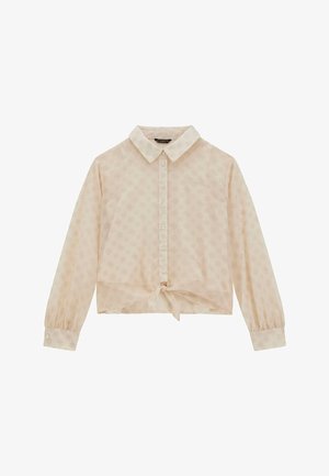 Blusa beige chiaro con apertura frontale a bottoni, colletto, maniche lunghe a sbuffo, vita legata e motivo floreale sottile su tutta la superficie.