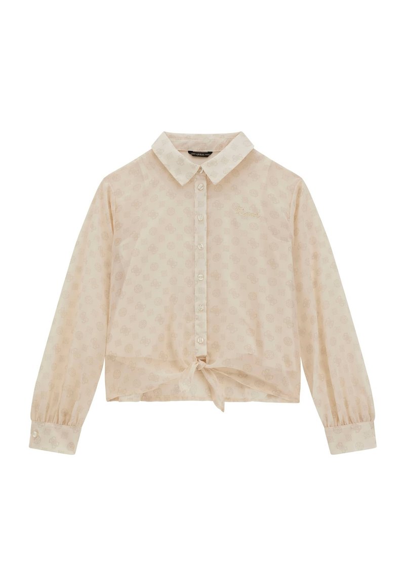 Blusa beige chiaro con apertura frontale a bottoni, colletto, maniche lunghe a sbuffo, vita legata e motivo floreale sottile su tutta la superficie.
