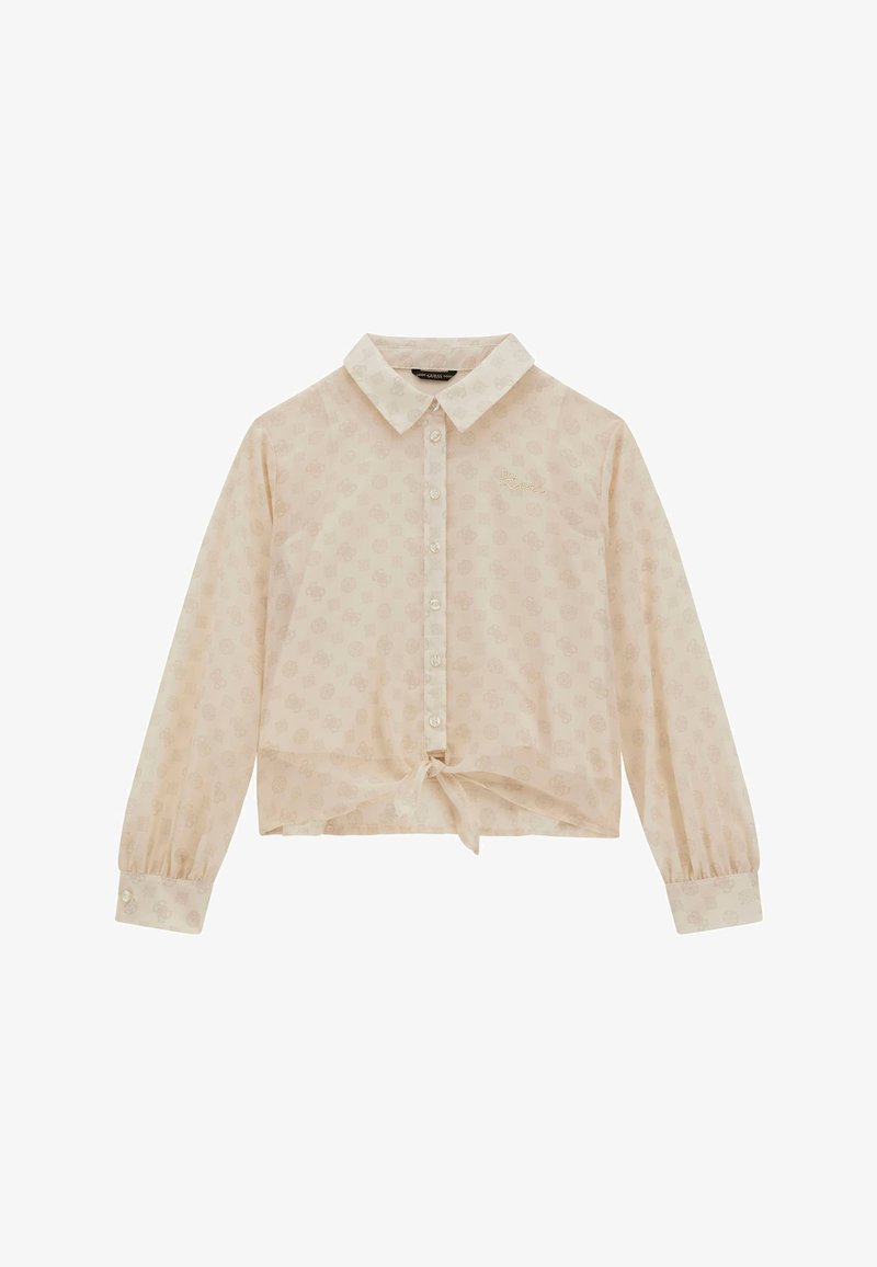 Blusa beige chiaro con apertura frontale a bottoni, colletto, maniche lunghe a sbuffo, vita legata e motivo floreale sottile su tutta la superficie.