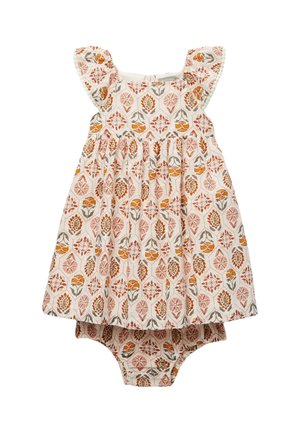 Robe bébé avec bloomer assorti, featuring manches courtes volantées et motif floral orange, rose et gris sur fond blanc.
