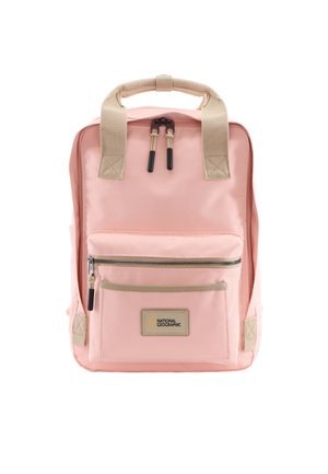 Pink backpack made of durable fabric with a beige handle and straps. Features a front zip pocket and a logo patch in the center.