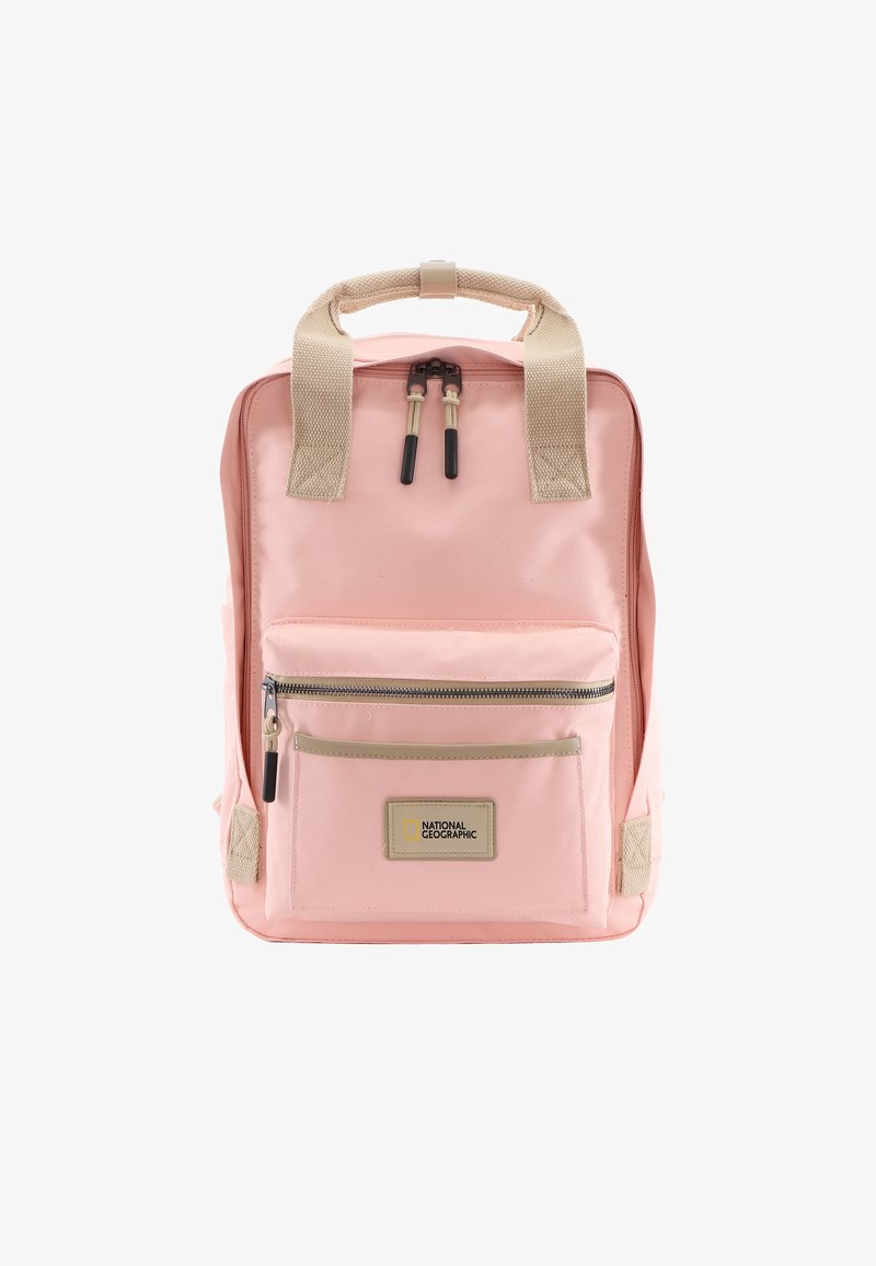 Pink backpack made of durable fabric with a beige handle and straps. Features a front zip pocket and a logo patch in the center.