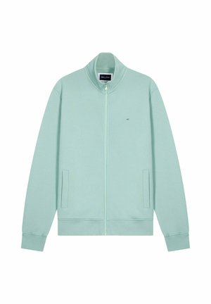 Veste zippée vert clair avec col montant, manches longues, deux poches avant et petit logo brodé sur la poitrine gauche.