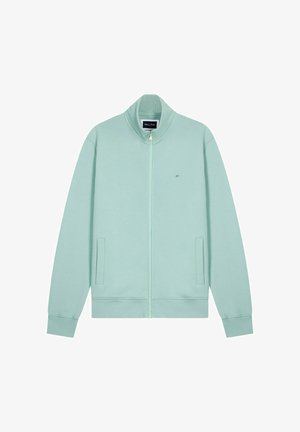 Veste zippée vert clair avec col montant, manches longues, deux poches avant et petit logo brodé sur la poitrine gauche.