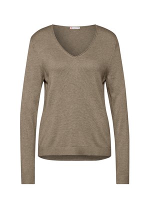 Pull en V beige à manches longues, en tissu tricoté doux, avec des poignets et un ourlet côtelés. Design simple sans motifs ni accents.