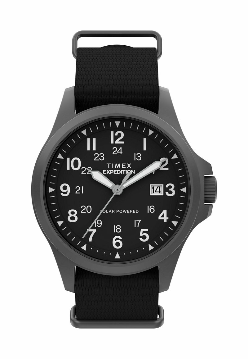 Timex Expedition solcelledet ur med en sort mat overflade, sort urskive, store hvide tal og et struktureret sort nylonrem.