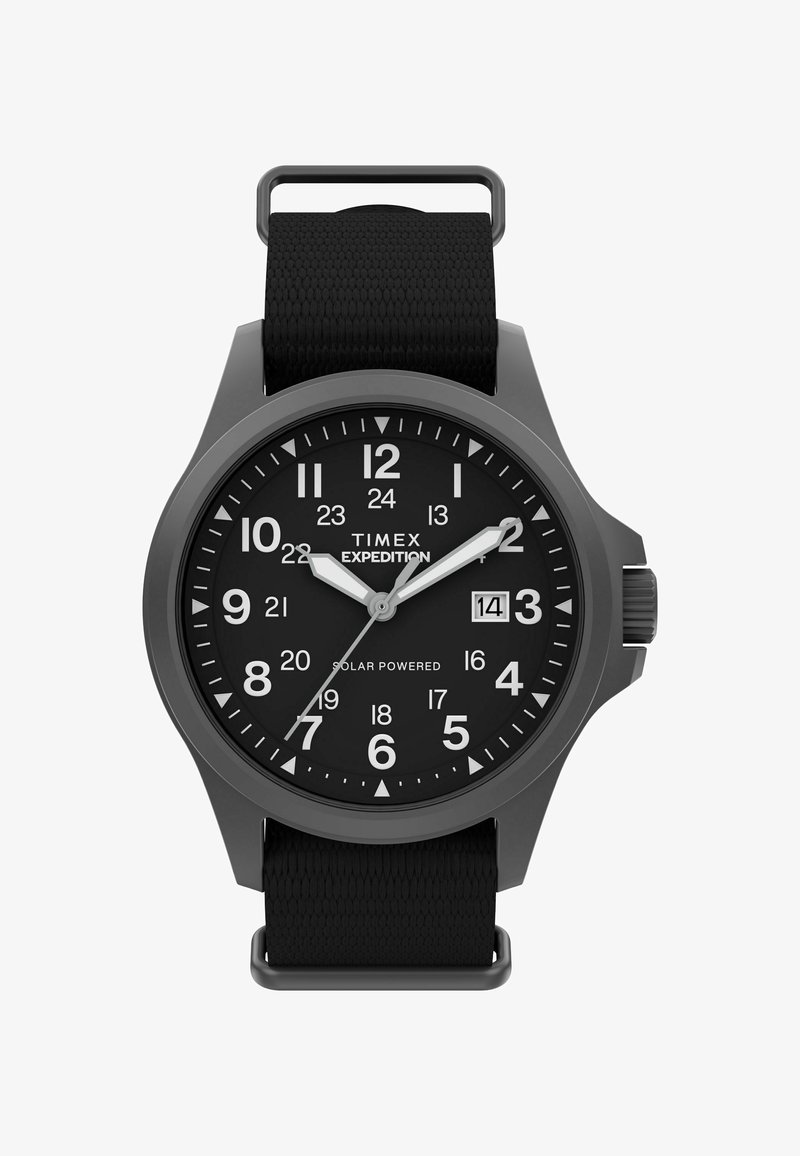 Timex Expedition solar-powered watch with a black matte case, black dial, large white numerals, and a textured black nylon strap.