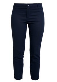 Mörkblå byxor med slim fit, tillverkade av stretchigt material. Har en framknäppning och klassisk femficksdesign.