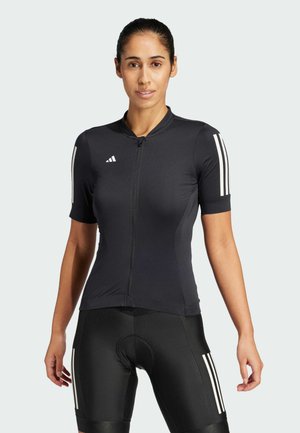 Black cycling jersey with short sleeves, featuring a front zipper, textured fabric, and three white diagonal stripes on each shoulder.