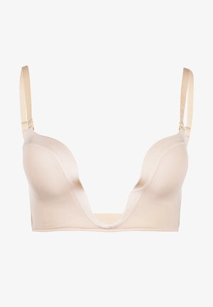 Nude plunge bra with cushioned cups and adjustable straps. Smooth satin finish with a wide band for support. Minimalistic design.