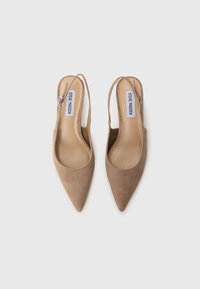 Scarpe slingback in suede beige a punta con tacco basso e cinturino con fibbia argentata. Texture liscia e design minimalista.