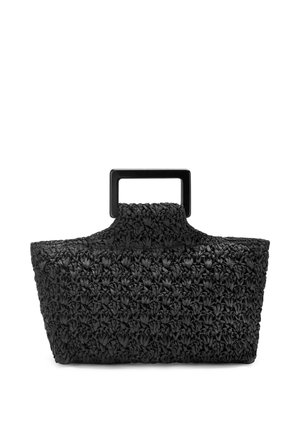 Black woven handbag with a textured floral pattern and rectangular black plastic handles on a white background.