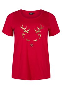 Rød kortærmet T-shirt med et guld glitrende rensdyrhorn design og en rød glitrende næse i midten. Lavet af blødt stof.
