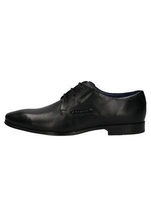 Schwarze Leder-Dressschuhe mit spitzem Zeh, Schnürdesign, dezentem Branding an der Seite und glatter Oberfläche.