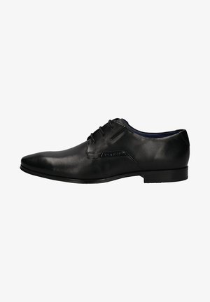 Schwarze Leder-Dressschuhe mit spitzem Zeh, Schnürdesign, dezentem Branding an der Seite und glatter Oberfläche.