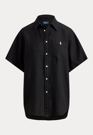 Cămașă neagră cu mâneci scurte, nasturi, guler ascuțit, nasturi albi, buzunar la piept și logo Polo Ralph Lauren brodat alb.