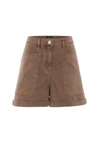 Shorts en denim marron taille haute avec boutons à l'avant, deux grandes poches plaquées, passants pour ceinture et ourlets retroussés.