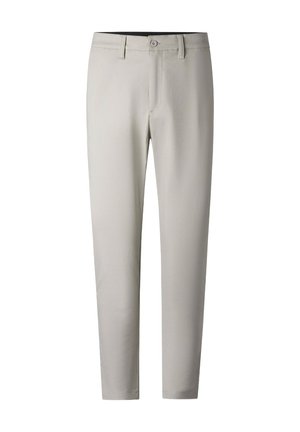 Lichtgrijze op maat gemaakte chinos met een gladde afwerking, knoopsluiting en frontzakken, met een rechte pijpdesign.