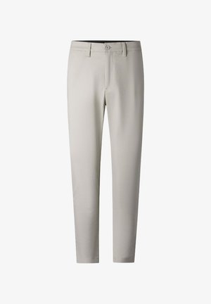 Lichtgrijze op maat gemaakte chinos met een gladde afwerking, knoopsluiting en frontzakken, met een rechte pijpdesign.