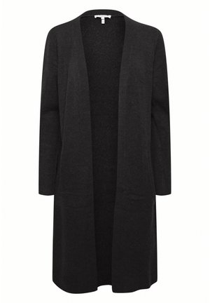 Cardigan lung negru, făcut dintr-un material tricotat moale, prezentând un decolteu deschis, mâneci lungi și o croială lejeră. Fără închideri sau modele.