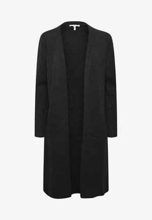 Cardigan lung negru, făcut dintr-un material tricotat moale, prezentând un decolteu deschis, mâneci lungi și o croială lejeră. Fără închideri sau modele.